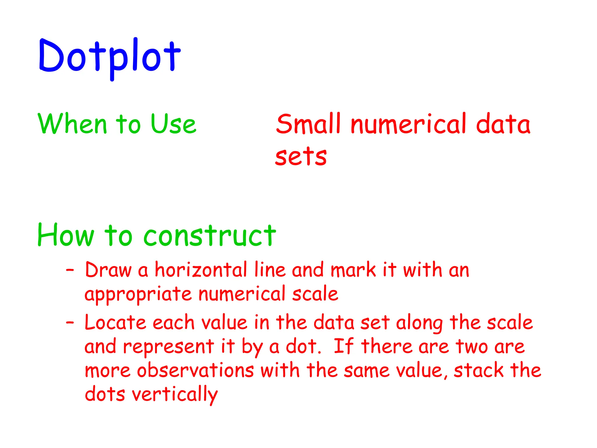 Dotplot
When to Use Small numerical data
sets
How to construct
– Draw a horizontal line and mark it with an
appropriate numerical scale
– Locate each value in the data set along the scale
and represent it by a dot. If there are two are
more observations with the same value, stack the
dots vertically
 