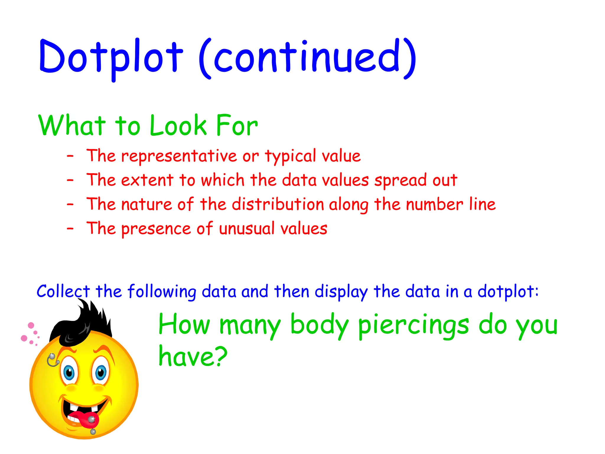 Dotplot (continued)
What to Look For
– The representative or typical value
– The extent to which the data values spread out
– The nature of the distribution along the number line
– The presence of unusual values
Collect the following data and then display the data in a dotplot:
How many body piercings do you
have?
 