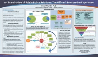 RESEARCH POSTER PRESENTATION DESIGN © 2015
www.PosterPresentations.com
How do police officers interpret citizen actions during officer-initiated contacts?
How do those interpretations shape and inform their discretionary decision
making during officer-initiated contacts?
And how can we demonstrate to citizen’s the most clear and precise formative
process for our police officer’s decision making?
Contacts between citizens and police officers are often confounded by their
perceptual differences, which can lead to individual and communal tension,
mistrust, and social strife. This study addresses that issue through a
contextual, real-world examination of the police officer’s interpretive
experience.
Introduction to the Study
With the intent of reducing community-police tension and mistrust, the goal of
this project was to offer interpretive results from the perspective of the police
officer that may be used to promote a collaborative understanding of police
decision making and improve citizen-police relations.
In accordance with that goal, the purpose of this qualitative study was to:
1. Examine the experiential process of police officers during officer-initiated
contacts with citizens.
2. Explore how the officer’s perceptions of the citizen’s motivations, attitudes,
and cooperation during the contact resulted in certain avoidable or
desirable discretionary decision-making outcomes.
By contrasting the contextual interpretations and expectations that officers
bring to this dynamic, we can further identify and understand areas of
conflict and disagreement, and greatly improve individual and collective
citizen-police relations.
Purpose and Objectives
• A collective case study was conducted within a police department in Central
Oregon
• Focused specifically on officer-initiated contacts with citizens.
• Social contract and procedural justice theories as the philosophical
approach.
• Sample - 10 officers
• Variables:
• Background traits (e.g., education, training and experience)
• Demographic data (e.g., age, tenure)
• Contextual/environmental variables (e.g., weather, time of day,
call type)
Data was collected during ride-along observations of police contacts, and from
interviews with police officers that described their interpretations of those
contacts. Data was then compared to the average performance activities of that
officer over the prior four years, and with patrol activities and calls for service.
Because each community possesses its own set of unique values and
composition, the methods used in this study are designed to be applied to any
community that desires a closer examination of their citizen-police relations.
Methodology and Sample
Results of the Findings
Proving why we do what we do
Donal A Hardin, Ph.D. 619-948-5330
hardinsteel@gmail.com
This philosophy encourages the presence and growth procedural justice tenets
within citizen-police interactions, which aims to achieve a collaborative
atmosphere for the exchange of information. It also provides an avenue for the
exchange of beliefs and feelings on outcomes, and informs or dispels what each
party assumed about the other in the absence of such collaborative discussions.
Contact Information
Donal A Hardin, Ph.D.
Central Oregon Community College & Walden University
An Examination of Public-Police Relations: The Officer’s Interpretive Experience
Social and Policy Value
Policing managers and executives can use the
methods of this study to indentify important
relational perspectives that can be used for
conflict resolution in their communities and
increase corresponding citizen levels of
satisfaction and quality of life. The findings of
this project provide actionable data for
improving citizen-police interaction, and can
directly foster bi-lateral reforms and
improvements in ethical policing practices. It
may also raise and enlighten public awareness
which facilitates the establishment of
harmonious social accord, encouraging
collaborative community relations in dialogs on
policies that can establish a mutual knowledge
base to reduce tension and mistrust and
maximize social harmony on issues of justice.
The value and significance of this project is
systemic, and can help reform public safety
policies where those reforms are needed
most by improving social justice dictates -
for citizens, police officers, and the
communities they serve.
Figure 1. Discretionary Reasons Stated by Officers for Enforcement Actions
Where Can You Apply This Research?
•Community outreach
-town halls, etc.
•Training
-academy
-phase
-in-service
•P&P
-use of force
-discretion
-traffic
•Legal Challenges
•Community Relations
•Annual Reports
•Budgeting
•Media Liaisons
-PIO, etc
•Complaint Resolution
•Research & EBP
Driven Solutions
Enforcement
24%
Non-
Enforcement
76%
IAER and Max-IAER
All OICs
(45)
Enforceable OICs
(29)
9% @ Max Enforcement 14% at Max Enforcement
Non-Enforcement
62%
Enforcement
38%
Theoretical Implications - COP, Procedural Justice
When enforcement action is taken, there are observable elements of citizen-
dependent actions that can be shared with communities to reduce instances of
conflict and increase levels of compliance. Advising on prevalent enforcement
standards in a community-based platform might allow citizens to move the
pendulum from there end while simultaneously educating the public on objective
standards of enforcement that can inform collaborative policy making.
Closing
•SocietySocial Contract
•Society/Community
Procedural
Justice
•CommunityCOP
•Communty/Individual (OIC)CJP
Discretionary Reasons
Stated by Officer
106 References
16 nodes
Belief or Empathy with
Citizen’s Reasons or
Situation
21 unique References
COP
35 References
(Including 4 other
unique nodes)
Legal or
Offense
Reasons
9 References
Safety and
Security
8 References
Citizen
Attitude
7 References
Compliance and
Sprit of the Law
6 References
Progressive
Enforcement
6 References
Concern for Child
3 References
Educating
Citizens
4 References
Other Categories
Honesty……….….5
No PC/Suspicion...5
Ind. Philosophy…..5
No Small Stuff…....5
Operational...…..…1
Figure 3. Enforcement Rates for Officer Initiated Contacts
Improve collaboration in your community?
Reduce Public friction and misunderstanding?
Figure 4. Contact Based Policing
This is a valuable public relations tool that quickly quantifies a snapshot of an agency’s
current activities and enforcement rates. Giving police agencies another tool and
opportunity for transparency, reform, training, and public outreach and collaboration on
each of those important public safety policy components.
Figure 2. Progressive Enforcement Continuum
 