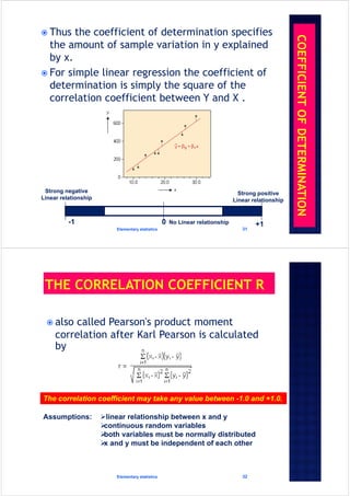  Thus the coefficient of determination specifies
the amount of sample variation in y explained
by x.
 For simple linear regression the coefficient of
determination is simply the square of the
correlation coefficient between Y and X .
Elementary statistics 31
-1 +10
Strong negative
Linear relationship
Strong positive
Linear relationship
No Linear relationship
 also called Pearson's product moment
correlation after Karl Pearson is calculated
by
Elementary statistics 32
The correlation coefficient may take any value between -1.0 and +1.0.
Assumptions: linear relationship between x and y
continuous random variables
both variables must be normally distributed
x and y must be independent of each other
 