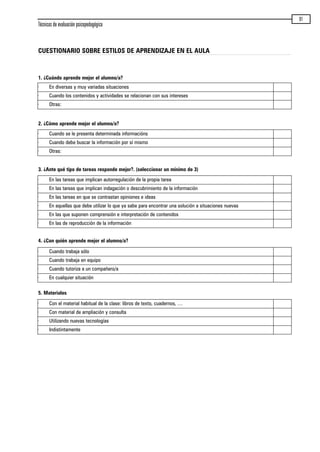 Técnicas de evaluación psicopedagógica
91
CUESTIONARIO SOBRE ESTILOS DE APRENDIZAJE EN EL AULA
1. ¿Cuándo aprende mejor el alumno/a?
2. ¿Cómo aprende mejor el alumno/a?
3. ¿Ante qué tipo de tareas responde mejor?. (seleccionar un mínimo de 3)
4. ¿Con quién aprende mejor el alumno/a?
5. Materiales
· En diversas y muy variadas situaciones
· Cuando los contenidos y actividades se relacionan con sus intereses
· Otras:
· Cuando se le presenta determinada informacións
· Cuando debe buscar la información por sí mismo
· Otras:
· En las tareas que implican autorregulación de la propia tarea
· En las tareas que implican indagación o descubrimiento de la información
· En las tareas en que se contrastan opiniones e ideas
· En aquellas que debe utilizar lo que ya sabe para encontrar una solución a situaciones nuevas
· En las que suponen comprensión e interpretación de contenidos
· En las de reproducción de la información
· Cuando trabaja sólo
· Cuando trabaja en equipo
· Cuando tutoriza a un compañero/a
· En cualquier situación
· Con el material habitual de la clase: libros de texto, cuadernos, …
· Con material de ampliación y consulta
· Utilizando nuevas tecnologías
· Indistintamente
maqueta.qxp 10/03/2009 18:27 PÆgina 91
 