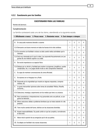 4.2.2 Cuestionario para las familias
Técnicas utilizadas para la identificación
69
CUESTIONARIO PARA LAS FAMILIAS
Nombre del alumno/a:
Cumplimentación
La familia contestará cada uno de los items, atendiendo a la siguiente escala.
1. Difícilmente o nunca 2. Pocas veces 3. Bastantes veces 4. Casi siempre o siempre
D. En casa,suele mostrarse distraído o ausente 1 2 3 4
C.A.Demuestra una buena memoria en todas las facetas de la vida cotidiana. 1 2 3 4
C.A.Se concentra con facilidad e incluso se aísla cuando realiza actividades que le
interesan.
1 2 3 4
C.A.Está muy interesado por lo que le rodea. Les sorprende frecuentemente con pre-
guntas de una madurez superior a su edad.
1 2 3 4
D. Da mucha importancia a su aspecto físico 1 2 3 4
C.A.Destaca por su afición y facilidad para resolver crucigramas, jeroglíficos, puzzles
complicados, etc; o en juegos donde incide un alto componente intelectual.
1 2 3 4
C. Es capaz de mantener conversaciones de cierta dificultad. 1 2 3 4
C. Se expresa con un lenguaje rico y fluido. 1 2 3 4
CR. Sorprende por la originalidad que muestra en algunas respuestas, comporta-
mientos, etc.
1 2 3 4
C. Le gusta intercambiar opiniones sobre temas de actualidad: Política, filosofía,
economía,...
1 2 3 4
C.A.Colecciona, investiga y experimenta con los medios que tiene a su alcance. 1 2 3 4
CR. Hace comentarios e interpretaciones muy personales ante una película, un pro-
grama de televisión, ...
1 2 3 4
CS. Ofrece soluciones válidas a problemas familiares que se tratan estando él o ella
presente.
1 2 3 4
CR. Tiene mucho sentido del humor, disfruta con las situaciones divertidas. 1 2 3 4
CS. Acepta responsabilidades. Se puede confiar en que las cumplirá y normalmente
lo hace bien.
1 2 3 4
D. Valora más la opinión de sus amigos/as que la de sus padres. 1 2 3 4
CS. Se adapta con facilidad a las nuevas situaciones. 1 2 3 4
maqueta.qxp 10/03/2009 18:27 PÆgina 69
 