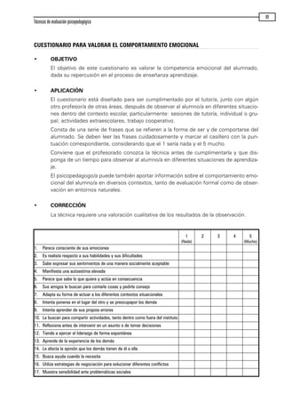 Técnicas de evaluación psicopedagógica
89
CUESTIONARIO PARA VALORAR EL COMPORTAMIENTO EMOCIONAL
• OBJETIVO
El objetivo de este cuestionario es valorar la competencia emocional del alumnado,
dada su repercusión en el proceso de enseñanza aprendizaje.
• APLICACIÓN
El cuestionario está diseñado para ser cumplimentado por el tutor/a, junto con algún
otro profesor/a de otras áreas, después de observar al alumno/a en diferentes situacio-
nes dentro del contexto escolar, particularmente: sesiones de tutoría, individual o gru-
pal; actividades extraescolares, trabajo cooperativo.
Consta de una serie de frases que se refieren a la forma de ser y de comportarse del
alumnado. Se deben leer las frases cuidadosamente y marcar el casillero con la pun-
tuación correspondiente, considerando que el 1 sería nada y el 5 mucho.
Conviene que el profesorado conozca la técnica antes de cumplimentarla y que dis-
ponga de un tiempo para observar al alumno/a en diferentes situaciones de aprendiza-
je.
El psicopedagogo/a puede también aportar información sobre el comportamiento emo-
cional del alumno/a en diversos contextos, tanto de evaluación formal como de obser-
vación en entornos naturales.
• CORRECCIÓN
La técnica requiere una valoración cualitativa de los resultados de la observación.
1
(Nada)
2 3 4 5
(Mucho)
1. Parece consciente de sus emociones
2. Es realista respecto a sus habilidades y sus dificultades
3. Sabe expresar sus sentimientos de una manera socialmente aceptable
4. Manifiesta una autoestima elevada
5. Parece que sabe lo que quiere y actúa en consecuencia
6. Sus amigos le buscan para contarle cosas y pedirle consejo
7. Adapta su forma de actuar a los diferentes contextos situacionales
8. Intenta ponerse en el lugar del otro y se preocupapor los demás
9. Intenta aprender de sus propios errores
10. Le buscan para compartir actividades, tanto dentro como fuera del instituto
11. Reflexiona antes de intervenir en un asunto o de tomar decisiones
12. Tiende a ejercer el liderazgo de forma espontánea
13. Aprende de la experiencia de los demás
14. Le afecta la opinión que los demás tienen de él o ella
15. Busca ayuda cuando la necesita
16. Utiliza estrategias de negociación para solucionar diferentes conflictos
17. Muestra sensibilidad ante problemáticas sociales
maqueta.qxp 10/03/2009 18:27 PÆgina 89
 