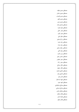 111
‫خليف‬ ‫حسين‬ ‫مصطفى‬
‫سلمان‬ ‫حسين‬ ‫مصطفى‬
‫كصاب‬ ‫حسين‬ ‫مصطفى‬
‫كعيم‬ ‫حسين‬ ‫مصطفى‬
‫مسير‬ ‫حسين‬ ‫مصطفى‬
‫منشد‬ ‫حمادي‬ ‫مصطفى‬
‫حمود‬ ‫حميد‬ ‫مصطفى‬
‫غالي‬ ‫حيدر‬ ‫مصطفى‬
‫كويم‬ ‫حيدر‬ ‫مصطفى‬
‫علي‬ ‫دخيل‬ ‫مصطفى‬
‫مهدي‬ ‫رزاق‬ ‫مصطفى‬
‫رش‬ ‫مصطفى‬‫عبود‬ ‫يد‬
‫عواد‬ ‫رشيد‬ ‫مصطفى‬
‫بجاي‬ ‫رهيف‬ ‫مصطفى‬
‫ناهي‬ ‫زبيل‬ ‫مصطفى‬
‫كريم‬ ‫زرير‬ ‫مصطفى‬
‫جبير‬ ‫سعدون‬ ‫مصطفى‬
‫جخيور‬ ‫سمير‬ ‫مصطفى‬
‫راشد‬ ‫سمير‬ ‫مصطفى‬
‫صالح‬ ‫شاكر‬ ‫مصطفى‬
‫عجيل‬ ‫شاكر‬ ‫مصطفى‬
‫هدهود‬ ‫شاهين‬ ‫مصطفى‬
‫جبار‬ ‫شمخي‬ ‫مصطفى‬
‫جبر‬ ‫شمس‬ ‫مصطفى‬
‫اسماعيل‬ ‫شهيد‬ ‫مصطفى‬
‫عويد‬ ‫شهيد‬ ‫مصطفى‬
‫عبدالهاد‬ ‫صالح‬ ‫مصطفى‬‫ي‬
‫عبدعلي‬ ‫صالح‬ ‫مصطفى‬
‫ناصر‬ ‫صكبان‬ ‫مصطفى‬
‫مطعم‬ ‫طالب‬ ‫مصطفى‬
‫شنان‬ ‫طعمه‬ ‫مصطفى‬
‫ثجيل‬ ‫ظاهر‬ ‫مصطفى‬
 