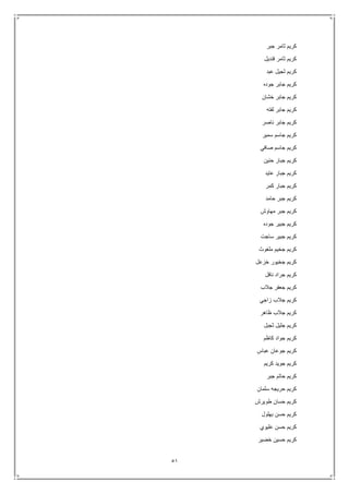 51
‫جبر‬ ‫ثامر‬ ‫كريم‬
‫قنديل‬ ‫ثامر‬ ‫كريم‬
‫عبد‬ ‫ثجيل‬ ‫كريم‬
‫جوده‬ ‫جابر‬ ‫كريم‬
‫خشان‬ ‫جابر‬ ‫كريم‬
‫لفته‬ ‫جابر‬ ‫كريم‬
‫ناصر‬ ‫جابر‬ ‫كريم‬
‫سمير‬ ‫جاسم‬ ‫كريم‬
‫صافي‬ ‫جاسم‬ ‫كريم‬
‫حنين‬ ‫جبار‬ ‫كريم‬
‫عايد‬ ‫جبار‬ ‫كريم‬
‫كمر‬ ‫جبار‬ ‫كريم‬
‫حامد‬ ‫جبر‬ ‫كريم‬
‫مهاوش‬ ‫جبر‬ ‫كريم‬
‫جوده‬ ‫جبير‬ ‫كريم‬
‫ساجت‬ ‫جبير‬ ‫كريم‬
‫ملغوث‬ ‫جخيم‬ ‫كريم‬
‫خزعل‬ ‫جخيور‬ ‫كريم‬
‫نافل‬ ‫جراد‬ ‫كريم‬
‫جالب‬ ‫جعفر‬ ‫كريم‬
‫زاجي‬ ‫جالب‬ ‫كريم‬
‫ظاهر‬ ‫جالب‬ ‫كريم‬
‫ثجبل‬ ‫جليل‬ ‫كريم‬
‫ك‬‫كاظم‬ ‫جواد‬ ‫ريم‬
‫عباس‬ ‫جوعان‬ ‫كريم‬
‫كريم‬ ‫جويد‬ ‫كريم‬
‫جبر‬ ‫حاتم‬ ‫كريم‬
‫سلمان‬ ‫حريجه‬ ‫كريم‬
‫طويرش‬ ‫حسان‬ ‫كريم‬
‫بهلول‬ ‫حسن‬ ‫كريم‬
‫عليوي‬ ‫حسن‬ ‫كريم‬
‫خضير‬ ‫حسين‬ ‫كريم‬
 