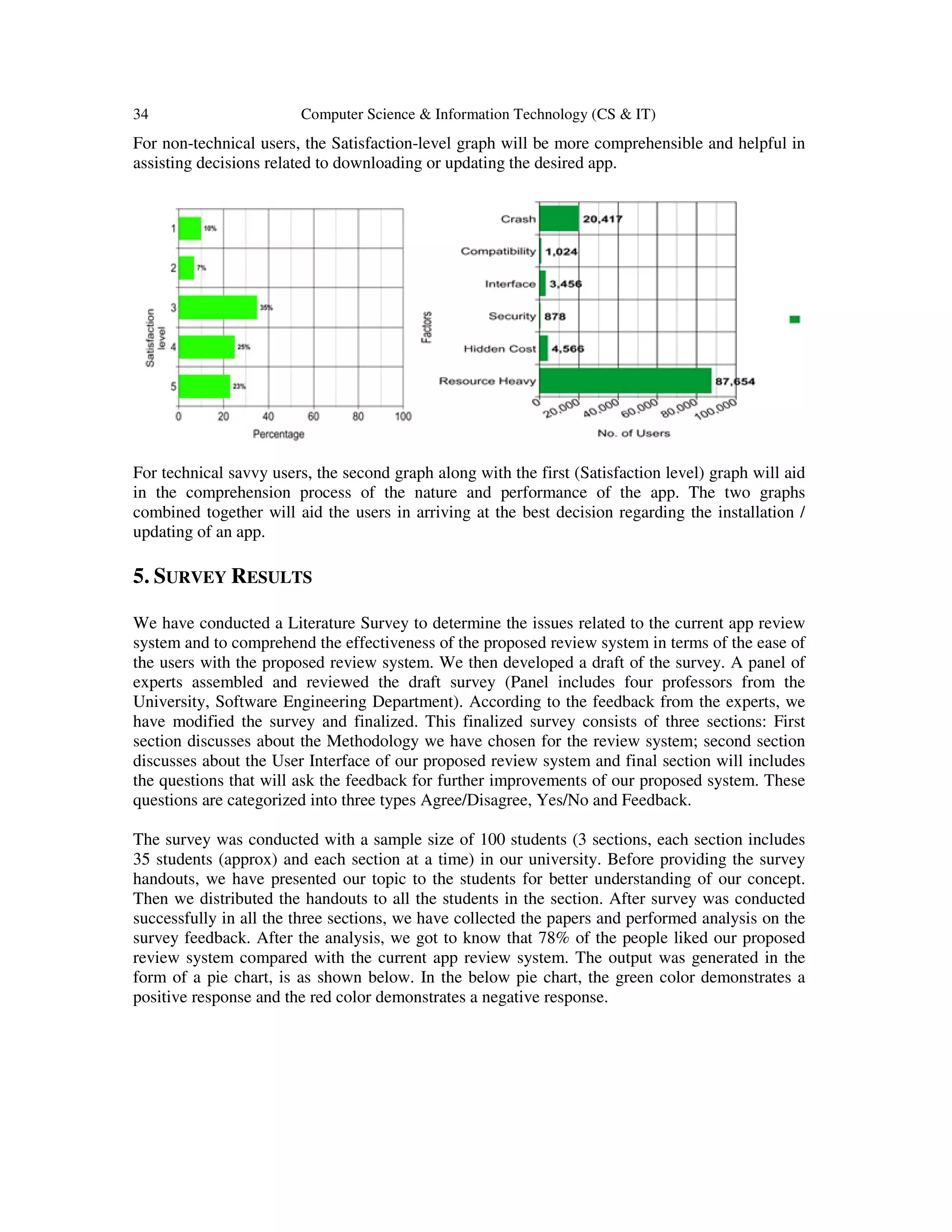 34 Computer Science & Information Technology (CS & IT)
For non-technical users, the Satisfaction-level graph will be more comprehensible and helpful in
assisting decisions related to downloading or updating the desired app.
For technical savvy users, the second graph along with the first (Satisfaction level) graph will aid
in the comprehension process of the nature and performance of the app. The two graphs
combined together will aid the users in arriving at the best decision regarding the installation /
updating of an app.
5. SURVEY RESULTS
We have conducted a Literature Survey to determine the issues related to the current app review
system and to comprehend the effectiveness of the proposed review system in terms of the ease of
the users with the proposed review system. We then developed a draft of the survey. A panel of
experts assembled and reviewed the draft survey (Panel includes four professors from the
University, Software Engineering Department). According to the feedback from the experts, we
have modified the survey and finalized. This finalized survey consists of three sections: First
section discusses about the Methodology we have chosen for the review system; second section
discusses about the User Interface of our proposed review system and final section will includes
the questions that will ask the feedback for further improvements of our proposed system. These
questions are categorized into three types Agree/Disagree, Yes/No and Feedback.
The survey was conducted with a sample size of 100 students (3 sections, each section includes
35 students (approx) and each section at a time) in our university. Before providing the survey
handouts, we have presented our topic to the students for better understanding of our concept.
Then we distributed the handouts to all the students in the section. After survey was conducted
successfully in all the three sections, we have collected the papers and performed analysis on the
survey feedback. After the analysis, we got to know that 78% of the people liked our proposed
review system compared with the current app review system. The output was generated in the
form of a pie chart, is as shown below. In the below pie chart, the green color demonstrates a
positive response and the red color demonstrates a negative response.
 