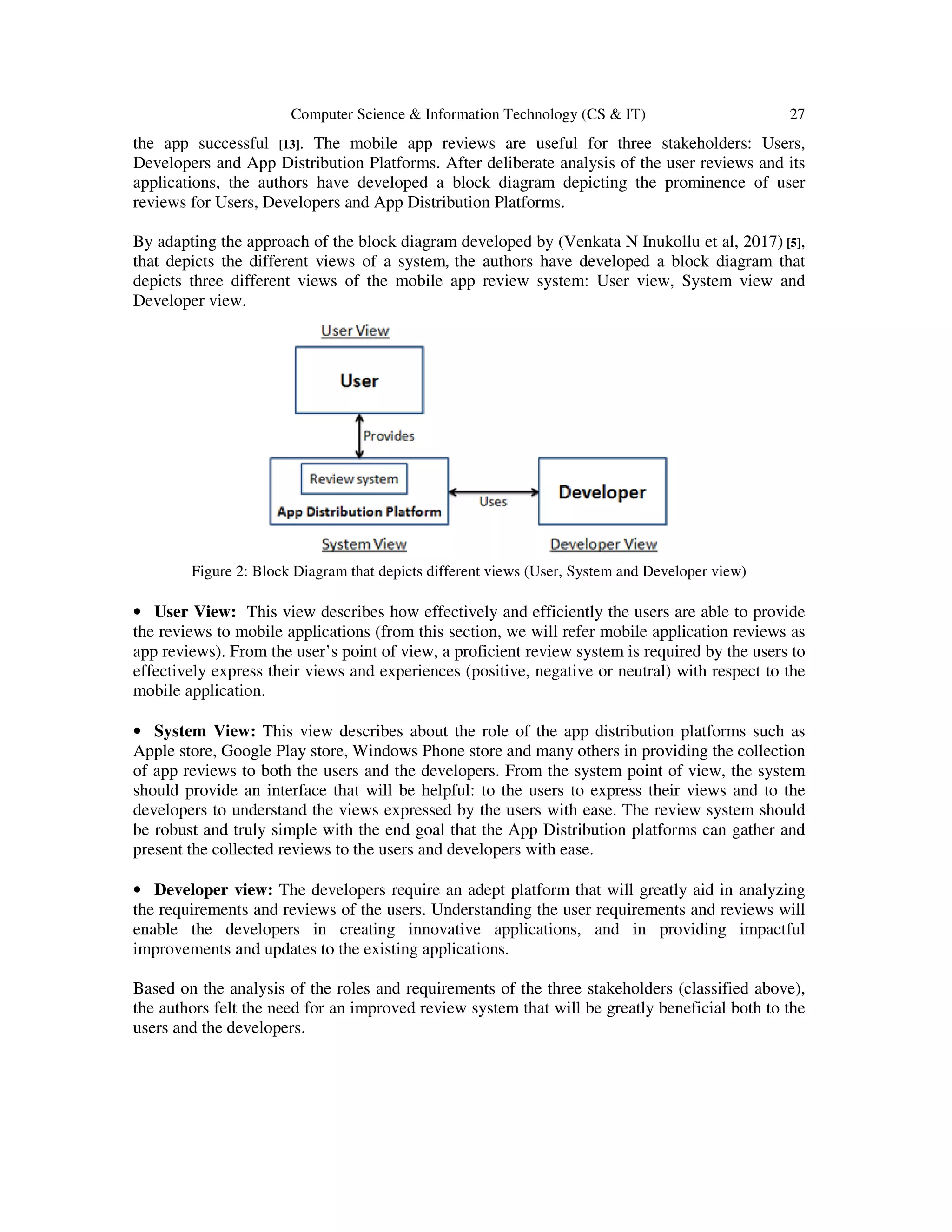 Computer Science & Information Technology (CS & IT) 27
the app successful [13]. The mobile app reviews are useful for three stakeholders: Users,
Developers and App Distribution Platforms. After deliberate analysis of the user reviews and its
applications, the authors have developed a block diagram depicting the prominence of user
reviews for Users, Developers and App Distribution Platforms.
By adapting the approach of the block diagram developed by (Venkata N Inukollu et al, 2017) [5],
that depicts the different views of a system, the authors have developed a block diagram that
depicts three different views of the mobile app review system: User view, System view and
Developer view.
Figure 2: Block Diagram that depicts different views (User, System and Developer view)
• User View: This view describes how effectively and efficiently the users are able to provide
the reviews to mobile applications (from this section, we will refer mobile application reviews as
app reviews). From the user’s point of view, a proficient review system is required by the users to
effectively express their views and experiences (positive, negative or neutral) with respect to the
mobile application.
• System View: This view describes about the role of the app distribution platforms such as
Apple store, Google Play store, Windows Phone store and many others in providing the collection
of app reviews to both the users and the developers. From the system point of view, the system
should provide an interface that will be helpful: to the users to express their views and to the
developers to understand the views expressed by the users with ease. The review system should
be robust and truly simple with the end goal that the App Distribution platforms can gather and
present the collected reviews to the users and developers with ease.
• Developer view: The developers require an adept platform that will greatly aid in analyzing
the requirements and reviews of the users. Understanding the user requirements and reviews will
enable the developers in creating innovative applications, and in providing impactful
improvements and updates to the existing applications.
Based on the analysis of the roles and requirements of the three stakeholders (classified above),
the authors felt the need for an improved review system that will be greatly beneficial both to the
users and the developers.
 