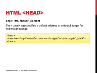 HTML <HEAD>
The HTML <base> Element
The <base> tag specifies a default address or a default target for
all links on a page:
Apep Kamaludin, MT. | http://www.w3schools.com
<head>
<base href="http://www.w3schools.com/images/"><base target="_blank">
</head>
 
