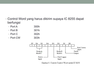 • Control Word yang harus dikirim supaya IC 8255 dapat
berfungsi
• Port A 300h
• Port B 301h
• Port C 302h
• Port CW 303h
 