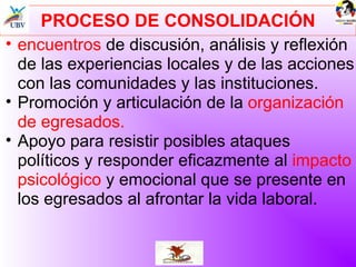 PROCESO DE CONSOLIDACIÓN encuentros  de discusión, análisis y reflexión de las experiencias locales y de las acciones con las comunidades y las instituciones.  Promoción y articulación de la  organización de egresados. Apoyo para resistir posibles ataques políticos y responder eficazmente al  impacto psicológico  y emocional que se presente en los egresados al afrontar la vida laboral. 