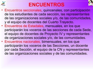 ENCUENTROS Encuentros seccionales , quincenales, con participación de los estudiantes de cada sección, las representantes de las organizaciones sociales y/o, de las comunidades, y el equipo de docentes del Cuarto Trayecto. Encuentros de Estadales , mensuales, en los que participarán los voceros de las secciones de cada Sede, el equipo de docentes de Proyecto IV y representantes de organizaciones sociales y/o, de las comunidades. Encuentros nacionales,  bimensuales, en los que participarán los voceros de las Secciones, un docente por cada Sección, el equipo de la CN y representantes de las organizaciones sociales y de las comunidades. 