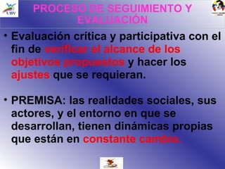 PROCESO DE SEGUIMIENTO Y EVALUACIÓN Evaluación crítica y participativa con el fin de  verificar el alcance de los objetivos propuestos  y hacer los  ajustes  que se requieran. PREMISA: las realidades sociales, sus actores, y el entorno en que se desarrollan, tienen dinámicas propias que están en  constante cambio.   