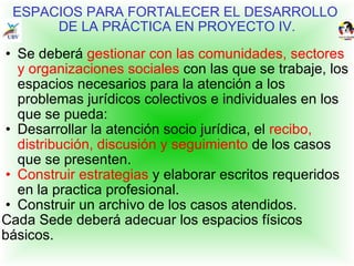 ESPACIOS PARA FORTALECER EL DESARROLLO  DE LA PRÁCTICA EN PROYECTO IV. Se deberá  gestionar con las comunidades, sectores y organizaciones sociales  con las que se trabaje, los espacios necesarios para la atención a los problemas jurídicos colectivos e individuales en los que se pueda:  Desarrollar la atención socio jurídica, el  recibo, distribución, discusión y seguimiento  de los casos que se presenten. Construir   estrategias  y elaborar escritos requeridos en la practica profesional. Construir un archivo de los casos atendidos. Cada Sede deberá adecuar los espacios físicos básicos. 