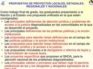 PROPUESTAS DE PROYECTOS LOCALES, ESTADALES, REGIONALES Y NACIONALES Como trabajo final de grado, los graduandos presentarán a la Nación y al Estado una propuesta unificada en la que estén consignadas: Las  principales deficiencias de atención jurídica y problemas de acceso a la justicia  diagnosticadas en las comunidades en la que se desarrolló el proyecto. Las principales  deficiencias de las políticas públicas y la acción institucional. Las  propuestas para atender éstas deficiencias  en el campo de las  políticas públicas y la acción institucional. Las  propuestas para atender éstas deficiencias  en el campo de la  atención jurídica y el acceso a la justicia . Las propuestas vinculadas a la  derogatoria o reforma de leyes y la formulación de nuevas leyes. Los  proyectos específicos  que proponen al SNOA, para la atención nacional de los problemas diagnosticados. Los  principales valores y principios que deben regir el ejercicio profesional de las y los abogadas y abogados egresados de la UBV-MS. 