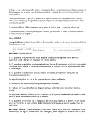 El delito es una violación de la ley penal o norma penal. Es un comportamiento psicológico contrario al
deber impuesto por la norma y por lo tanto reprochable y culpable. Es contrariar lo establecido en la
norma jurídica.

La antijuricidad tiene 2 aspectos, el primero es el aspecto objetivo que considera al delito como un
hecho lesivo o dañoso, y el segundo es el aspecto subjetivo de la antijuricidad que considera al delito
como hecho culpable

El elemento objetivo (el hecho externo) que se ajusta al modelo legal , es contrario a la norma.

El elemento subjetivo o actitud psicológica o voluntad que determina el hecho, es también contraria a
la norma, es decir, es culpable.

La punibilidad:

La punibilidad, cualidad de punible, es decir aquella conducta a la que se tiene la posibilidad
de aplicar una pena.

     Una conducta es punible
                             Digna de pena                   Por se típica, antijurídica y culpable
     y
Artículo 65.- No es punible:

1.- El que obra en cumplimiento de un deber o en el ejercicio legítimo de un derecho,
autoridad, oficio o cargo, sin traspasar los límites legales.

2.- El que obra en virtud de obediencia legitima y debida. En este caso, si el hecho ejecutado
constituye delito o falta, la pena correspondiente se le impondrá al que resultare haber dado
la orden ilegal.

3.- El que obra en defensa de propia persona o derecho, siempre que concurran las
circunstancias siguientes:

1.- Agresión ilegitima por parte del que resulta ofendido por el hecho.

2.- Necesidad del medio empleado para impedirla o repelerla.

3.- Falta de provocación suficiente de parte del que pretenda haber obrado en defensa
propia.

Se equipara a legitima defensa el hecho con el cual el agente, en el estado de incertidumbre,
temor o terror traspasa los límites de la defensa.

4.- El que obra constreñido por la necesidad de salvar su persona, o la de otro, de un peligro
grave e inminente, al cual no haya dado voluntariamente causa, y que no pueda evitar de
otro modo.

Artículo 67.- El que cometa el hecho punible en un momento de arrebato o de intenso dolor,
determinado por injusta provocación, será castigado, salvo disposición especial, con la pena
 