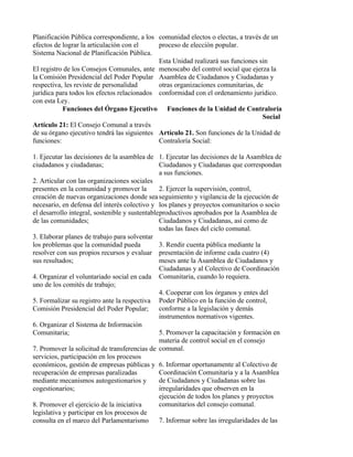 Planificación Pública correspondiente, a los comunidad electos o electas, a través de un
efectos de lograr la articulación con el     proceso de elección popular.
Sistema Nacional de Planificación Pública.
                                             Esta Unidad realizará sus funciones sin
El registro de los Consejos Comunales, ante menoscabo del control social que ejerza la
la Comisión Presidencial del Poder Popular Asamblea de Ciudadanos y Ciudadanas y
respectiva, les reviste de personalidad      otras organizaciones comunitarias, de
jurídica para todos los efectos relacionados conformidad con el ordenamiento jurídico.
con esta Ley.
           Funciones del Órgano Ejecutivo Funciones de la Unidad de Contraloría
                                                                                   Social
Artículo 21: El Consejo Comunal a través
de su órgano ejecutivo tendrá las siguientes Artículo 21. Son funciones de la Unidad de
funciones:                                   Contraloría Social:

1. Ejecutar las decisiones de la asamblea de 1. Ejecutar las decisiones de la Asamblea de
ciudadanos y ciudadanas;                        Ciudadanos y Ciudadanas que correspondan
                                                a sus funciones.
2. Articular con las organizaciones sociales
presentes en la comunidad y promover la         2. Ejercer la supervisión, control,
creación de nuevas organizaciones donde sea seguimiento y vigilancia de la ejecución de
necesario, en defensa del interés colectivo y los planes y proyectos comunitarios o socio
el desarrollo integral, sostenible y sustentableproductivos aprobados por la Asamblea de
de las comunidades;                             Ciudadanos y Ciudadanas, así como de
                                                todas las fases del ciclo comunal.
3. Elaborar planes de trabajo para solventar
los problemas que la comunidad pueda            3. Rendir cuenta pública mediante la
resolver con sus propios recursos y evaluar presentación de informe cada cuatro (4)
sus resultados;                                 meses ante la Asamblea de Ciudadanos y
                                                Ciudadanas y al Colectivo de Coordinación
4. Organizar el voluntariado social en cada Comunitaria, cuando lo requiera.
uno de los comités de trabajo;
                                                4. Cooperar con los órganos y entes del
5. Formalizar su registro ante la respectiva Poder Público en la función de control,
Comisión Presidencial del Poder Popular;        conforme a la legislación y demás
                                                instrumentos normativos vigentes.
6. Organizar el Sistema de Información
Comunitaria;                                    5. Promover la capacitación y formación en
                                                materia de control social en el consejo
7. Promover la solicitud de transferencias de comunal.
servicios, participación en los procesos
económicos, gestión de empresas públicas y 6. Informar oportunamente al Colectivo de
recuperación de empresas paralizadas            Coordinación Comunitaria y a la Asamblea
mediante mecanismos autogestionarios y          de Ciudadanos y Ciudadanas sobre las
cogestionarios;                                 irregularidades que observen en la
                                                ejecución de todos los planes y proyectos
8. Promover el ejercicio de la iniciativa       comunitarios del consejo comunal.
legislativa y participar en los procesos de
consulta en el marco del Parlamentarismo 7. Informar sobre las irregularidades de las
 