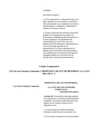 ciudadana

                                      procederá al registro.

                                      4. Si los interesados no subsanan la falta en el
                                      lapso señalado en este artículo, el ministerio
                                      del poder popular con competencia en materia
                                      de participación ciudadana se abstendrá de
                                      registrar al consejo comunal.

                                      5. Contra la decisión del ministerio del poder
                                      popular con competencia en materia de
                                      participación ciudadana podrá interponerse el
                                      recurso jerárquico correspondiente de
                                      conformidad con lo previsto en la Ley
                                      Orgánica de Procedimientos Administrativos,
                                      con lo cual queda agotada la vía
                                      administrativa. Los actos administrativos
                                      dictados por el ministerio del poder popular
                                      con competencia en materia de participación
                                      ciudadana podrán ser recurridos ante la
                                      jurisdicción contencioso administrativa.



                                   Cuadro Comparativo

LEY de los Consejos Comunales y PROPUESTA DE LEY DE REFORMA A LA LEY
                                 DE LOS C. C.



                                        PROPUESTA DE LEY DE REFORMA
   Ley de los Consejos Comunales
                                            A LA LEY DE LOS CONSEJOS
                                                   COMUNALES
                                                       Abstención del registro

                                      Artículo 36. El ministerio del poder popular
                                      con competencia en materia de participación
                                      ciudadana, únicamente podrá abstenerse del
                                      registro de un consejo comunal en los
                                      siguientes casos:

                                      1. Cuando tenga por objeto finalidades
                                      distintas a las previstas en la presente Ley.

                                      2. Si el consejo comunal no se ha constituido
 