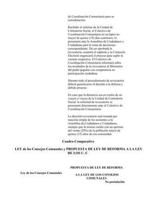 de Coordinación Comunitaria para su
                                      consideración.

                                      Recibido el informe de la Unidad de
                                      Contraloría Social, el Colectivo de
                                      Coordinación Comunitaria en un lapso no
                                      mayor de quince (15) días continuos, lo
                                      presentará ante la Asamblea de Ciudadanos y
                                      Ciudadanas para la toma de decisiones
                                      correspondiente. De ser aprobada la
                                      revocatoria, asumirá el suplente y la Comisión
                                      Electoral organizará el proceso para suplir la
                                      vacante respectiva. El Colectivo de
                                      Coordinación Comunitaria informará sobre
                                      los resultados de la revocatoria al Ministerio
                                      del poder popular con competencia en
                                      participación ciudadana.

                                      Durante todo el procedimiento de revocatoria
                                      deberá garantizarse el derecho a la defensa y
                                      debido proceso.

                                      En caso que la denuncia sea en contra de un
                                      vocero o vocera de la Unidad de Contraloría
                                      Social, la solicitud de revocatoria se
                                      presentará directamente ante el Colectivo de
                                      Coordinación Comunitaria.

                                      La decisión revocatoria será tomada por
                                      mayoría simple de los asistentes a la
                                      Asamblea de Ciudadanos y Ciudadanas,
                                      siempre que la misma cuente con un quórum
                                      del veinte (20%) de la población mayor de
                                      quince (15) años de esa comunidad.

                                   Cuadro Comparativo

LEY de los Consejos Comunales y PROPUESTA DE LEY DE REFORMA A LA LEY
                                 DE LOS C. C.



                                       PROPUESTA DE LEY DE REFORMA
   Ley de los Consejos Comunales
                                           A LA LEY DE LOS CONSEJOS
                                                  COMUNALES
                                                            No postulación
 