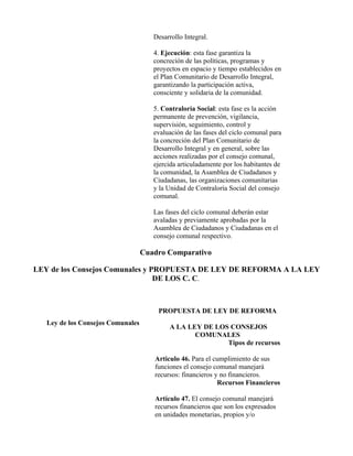 Desarrollo Integral.

                                      4. Ejecución: esta fase garantiza la
                                      concreción de las políticas, programas y
                                      proyectos en espacio y tiempo establecidos en
                                      el Plan Comunitario de Desarrollo Integral,
                                      garantizando la participación activa,
                                      consciente y solidaria de la comunidad.

                                      5. Contraloría Social: esta fase es la acción
                                      permanente de prevención, vigilancia,
                                      supervisión, seguimiento, control y
                                      evaluación de las fases del ciclo comunal para
                                      la concreción del Plan Comunitario de
                                      Desarrollo Integral y en general, sobre las
                                      acciones realizadas por el consejo comunal,
                                      ejercida articuladamente por los habitantes de
                                      la comunidad, la Asamblea de Ciudadanos y
                                      Ciudadanas, las organizaciones comunitarias
                                      y la Unidad de Contraloría Social del consejo
                                      comunal.

                                      Las fases del ciclo comunal deberán estar
                                      avaladas y previamente aprobadas por la
                                      Asamblea de Ciudadanos y Ciudadanas en el
                                      consejo comunal respectivo.

                                   Cuadro Comparativo

LEY de los Consejos Comunales y PROPUESTA DE LEY DE REFORMA A LA LEY
                                 DE LOS C. C.



                                       PROPUESTA DE LEY DE REFORMA
   Ley de los Consejos Comunales
                                           A LA LEY DE LOS CONSEJOS
                                                  COMUNALES
                                                          Tipos de recursos

                                      Articulo 46. Para el cumplimiento de sus
                                      funciones el consejo comunal manejará
                                      recursos: financieros y no financieros.
                                                             Recursos Financieros

                                      Artículo 47. El consejo comunal manejará
                                      recursos financieros que son los expresados
                                      en unidades monetarias, propios y/o
 