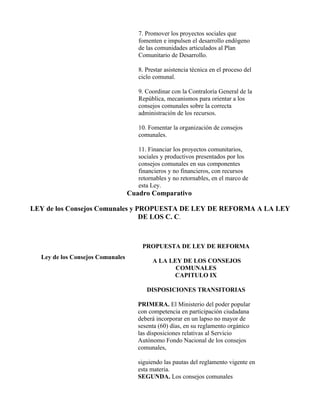 7. Promover los proyectos sociales que
                                     fomenten e impulsen el desarrollo endógeno
                                     de las comunidades articulados al Plan
                                     Comunitario de Desarrollo.

                                     8. Prestar asistencia técnica en el proceso del
                                     ciclo comunal.

                                     9. Coordinar con la Contraloría General de la
                                     República, mecanismos para orientar a los
                                     consejos comunales sobre la correcta
                                     administración de los recursos.

                                     10. Fomentar la organización de consejos
                                     comunales.

                                     11. Financiar los proyectos comunitarios,
                                     sociales y productivos presentados por los
                                     consejos comunales en sus componentes
                                     financieros y no financieros, con recursos
                                     retornables y no retornables, en el marco de
                                     esta Ley.
                                  Cuadro Comparativo

LEY de los Consejos Comunales y PROPUESTA DE LEY DE REFORMA A LA LEY
                                 DE LOS C. C.



                                      PROPUESTA DE LEY DE REFORMA
  Ley de los Consejos Comunales
                                          A LA LEY DE LOS CONSEJOS
                                                 COMUNALES
                                                CAPITULO IX

                                        DISPOSICIONES TRANSITORIAS

                                     PRIMERA. El Ministerio del poder popular
                                     con competencia en participación ciudadana
                                     deberá incorporar en un lapso no mayor de
                                     sesenta (60) días, en su reglamento orgánico
                                     las disposiciones relativas al Servicio
                                     Autónomo Fondo Nacional de los consejos
                                     comunales,

                                     siguiendo las pautas del reglamento vigente en
                                     esta materia.
                                     SEGUNDA. Los consejos comunales
 