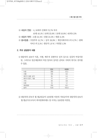 □ 내담자 연령 : 4, 50대가 전체의 72.7% 차지
40대 40.1% 〉50대 32.6% 〉30대 18.8% 〉60대 6.2%
□ 내담자 학력 : 고졸 54.4% 〉중졸 24.2% 〉대졸 11.3%
□ 종사업종 : 가정주부 51.7% 〉실직 28.9% 〉개인사회서비스직 6.7% 〉판매
서비스직 3.1% 〉생산직 1.6 % 〉자영업 1.3%
2. 주요 상담분석 내용
1) 내담자의 45%가 이혼, 사별, 배우자 질병이나 실직 등으로 실질적 여성가장
임. 그러므로 빈곤계층에서 여성 일자리 실직은 곧바로 가족의 위기로 전이될
수 있음.
2) 내담자의 67%가 월 평균임금이 100만원 미만의 저임금이며 내담자의 61%가
월 평균가구소득이 최저생계비에도 못 미치는 120만원 미만임.
일 하 는 여 성 7 8 호 _ 3 월 2 7
| 희| 망| 본| 부|
빈도 퍼센트
이혼 388 25.3
사별 146 9.5
배우자 질병, 실직 85 5.5
배우자 별거, 가출 72 4.7
기타 56 3.6
비혼 19 1.2
해당없음 769 50.1
합계 1535 100.0
일여78호_내지96p2009.3.2518:0페이지27mac2
 