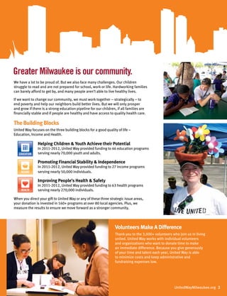 We have a lot to be proud of. But we also face many challenges. Our children
struggle to read and are not prepared for school, work or life. Hardworking families
can barely afford to get by, and many people aren’t able to live healthy lives.
If we want to change our community, we must work together – strategically – to
end poverty and help our neighbors build better lives. But we will only prosper
and grow if there is a strong education pipeline for our children, if all families are
financially stable and if people are healthy and have access to quality health care.
The Building Blocks
United Way focuses on the three building blocks for a good quality of life –
Education, Income and Health.
When you direct your gift to United Way or any of these three strategic issue areas,
your donation is invested in 160+ programs at over 80 local agencies. Plus, we
measure the results to ensure we move forward as a stronger community.
Greater Milwaukee is our community.
Volunteers Make A Difference
Thank you to the 3,000+ volunteers who join us in living
united. United Way works with individual volunteers
and organizations who want to donate time to make
an immediate difference. Because you give generously
of your time and talent each year, United Way is able
to minimize costs and keep administrative and
fundraising expenses low.
Helping Children  Youth Achieve their Potential
In 2011-2012, United Way provided funding to 46 education programs
serving nearly 70,000 youth and adults.
Promoting Financial Stability  Independence
In 2011-2012, United Way provided funding to 27 income programs
serving nearly 50,000 individuals.
Improving People’s Health  Safety
In 2011-2012, United Way provided funding to 63 health programs
serving nearly 270,000 individuals.
UnitedWayMilwaukee.org 3
 