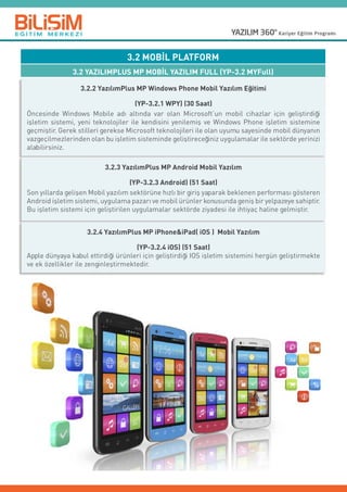 3.2 YAZILIMPLUS MP MOBİL YAZILIM FULL (YP-3.2 MYFull)
3.2 MOBİL PLATFORM
3.2.2 YazılımPlus MP Windows Phone Mobil Yazılım Eğitimi
(YP-3.2.1 WPY) (30 Saat)
Öncesinde Windows Mobile adı altında var olan Microsoft’un mobil cihazlar için geliştirdiği
işletim sistemi, yeni teknolojiler ile kendisini yenilemiş ve Windows Phone işletim sistemine
geçmiştir. Gerek stilleri gerekse Microsoft teknolojileri ile olan uyumu sayesinde mobil dünyanın
vazgeçilmezlerinden olan bu işletim sisteminde geliştireceğiniz uygulamalar ile sektörde yerinizi
alabilirsiniz.
3.2.3 YazılımPlus MP Android Mobil Yazılım
(YP-3.2.3 Android) (51 Saat)
Son yıllarda gelişen Mobil yazılım sektörüne hızlı bir giriş yaparak beklenen performası gösteren
Android işletim sistemi, uygulama pazarı ve mobil ürünler konusunda geniş bir yelpazeye sahiptir.
Bu işletim sistemi için geliştirilen uygulamalar sektörde ziyadesi ile ihtiyaç haline gelmiştir.
3.2.4 YazılımPlus MP iPhoneiPad( iOS ) Mobil Yazılım
(YP-3.2.4 iOS) (51 Saat)
Apple dünyaya kabul ettirdiği ürünleri için geliştirdiği IOS işletim sistemini hergün geliştirmekte
ve ek özellikler ile zenginleştirmektedir.
 