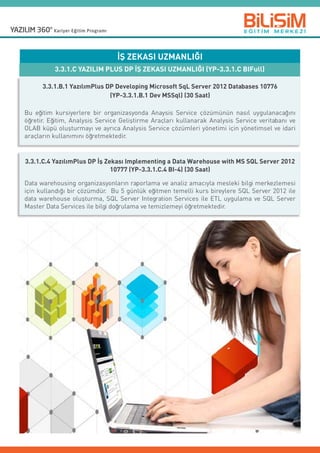 3.3.1.B.1 YazılımPlus DP Developing Microsoft SqL Server 2012 Databases 10776
(YP-3.3.1.B.1 Dev MSSql) (30 Saat)
Bu eğitim kursiyerlere bir organizasyonda Anaysis Service çözümünün nasıl uygulanacağını
öğretir. Eğitim, Analysis Service Geliştirme Araçları kullanarak Analysis Service veritabanı ve
OLAB küpü oluşturmayı ve ayrıca Analysis Service çözümleri yönetimi için yönetimsel ve idari
araçların kullanımını öğretmektedir.
3.3.1.C.4 YazılımPlus DP İş Zekası Implementing a Data Warehouse with MS SQL Server 2012
10777 (YP-3.3.1.C.4 BI-4) (30 Saat)
Data warehousing organizasyonların raporlama ve analiz amacıyla mesleki bilgi merkezlemesi
için kullandığı bir çözümdür.  Bu 5 günlük eğitmen temelli kurs bireylere SQL Server 2012 ile
data warehouse oluşturma, SQL Server Integration Services ile ETL uygulama ve SQL Server
Master Data Services ile bilgi doğrulama ve temizlemeyi öğretmektedir.
3.3.1.C YAZILIM PLUS DP İŞ ZEKASI UZMANLIĞI (YP-3.3.1.C BIFull)
İŞ ZEKASI UZMANLIĞI
 