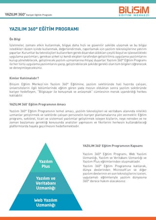YAZILIM 360° EĞİTİM PROGRAMI
Ön Bilgi
İşletmeler, zamanı etkin kullanmak, bilgiye daha hızlı ve güvenilir şekilde ulaşmak ve bu bilgiyi
istedikleri düzen içinde kullanmak, değerlendirmek, raporlamak için yazılım teknolojilerine yatırım
yaparlar. Kurumlar bu teknolojileri kullanırken gerek dışarıdan aldıkları çeşitli boyut ve işlevsellikteki
uygulama yazılımları, gerekse şirket içi kendi ekipleri tarafından geliştirilmiş uygulama yazılımlarını
kurup yönetebilecek, geliştirecek yazılım uzmanlarına ihtiyaç duyarlar. Yazılım 360° Eğitim Programı
ile her türlü uygulama yazılımlarını yazıp, geliştirebilecek şekilde gerekli olan tüm bilgileri öğrenecek
ve deneyimleyeceksiniz.
Kimler Katılmalıdır?
Bilişim Eğitim Merkezi’nin Yazılım 360° Eğitimine, yazılım sektöründe hali hazırda çalışan,
üniversitelerin ilgili bölümlerinde eğitim gören yada mezun olduktan sonra yazılım sektöründe
kariyer hedefleyen, “Bilgisayar ile konuşmak ve anlaşmak” cümlesinin merak uyandırdığı herkes
katılabilir.
YAZILIM 360° Eğitim Programının Amacı
Yazılım 360° Eğitim Programının temel amacı, yazılım teknolojileri ve veritabanı alanında nitelikli
uzmanlar yetiştirmek ve sektörde çalışan personelin kariyer planlamalarına yön vermektir. Eğitim
programı, sektörel, ticari ve sistemsel yazılımlar geliştirmek isteyen kişilerin, neye nereden ve ne
zaman başlaması gerektiği konusunda analizler yapmasını ve fikirlerini herkesin kullanabileceği
platformlarda hayata geçirmesini hedeflemektedir.
Web Yazılım
Uzmanlığı
Yazılım ve
Veritabanı
Uzmanlığı
Yazılım
Plus
YAZILIM 360° Eğitim Programının Kapsamı
Yazılım 360° Eğitim Programı, Web Yazılım
Uzmanlığı, Yazılım ve Veritabanı Uzmanlığı ve
Yazılım Plus eğitimlerinden oluşmaktadır.
Yazılım 360° Eğitim Programına katılarak,
dünya devlerinden Microsoft’un ve diğer
yazılım devlerinin en son teknolojilerini içeren,
uygulamalı eğitimleriyle yazılım dünyasına
360° derece hakim olacaksınız.
 