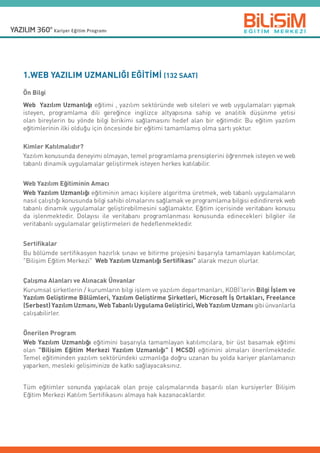 1.WEB YAZILIM UZMANLIĞI EĞİTİMİ (132 SAAT)
Ön Bilgi
Web Yazılım Uzmanlığı eğitimi , yazılım sektöründe web siteleri ve web uygulamaları yapmak
isteyen, programlama dili gereğince ingilizce altyapısına sahip ve analitik düşünme yetisi
olan bireylerin bu yönde bilgi birikimi sağlamasını hedef alan bir eğitimdir. Bu eğitim yazılım
eğitimlerinin ilki olduğu için öncesinde bir eğitimi tamamlamış olma şartı yoktur.
Kimler Katılmalıdır?
Yazılım konusunda deneyimi olmayan, temel programlama prensiplerini öğrenmek isteyen ve web
tabanlı dinamik uygulamalar geliştirmek isteyen herkes katılabilir.
Web Yazılım Eğitiminin Amacı
Web Yazılım Uzmanlığı eğitiminin amacı kişilere algoritma üretmek, web tabanlı uygulamaların
nasıl çalıştığı konusunda bilgi sahibi olmalarını sağlamak ve programlama bilgisi edindirerek web
tabanlı dinamik uygulamalar geliştirebilmesini sağlamaktır. Eğitim içerisinde veritabanı konusu
da işlenmektedir. Dolayısı ile veritabanı programlanması konusunda edinecekleri bilgiler ile
veritabanlı uygulamalar geliştirmeleri de hedeflenmektedir.
Sertifikalar
Bu bölümde sertifikasyon hazırlık sınavı ve bitirme projesini başarıyla tamamlayan katılımcılar,
Bilişim Eğitim Merkezi Web Yazılım Uzmanlığı Sertifikası” alarak mezun olurlar.
Çalışma Alanları ve Alınacak Ünvanlar
Kurumsal şirketlerin / kurumların bilgi işlem ve yazılım departmanları, KOBİ’lerin Bilgi İşlem ve
Yazılım Geliştirme Bölümleri, Yazılım Geliştirme Şirketleri, Microsoft İş Ortakları, Freelance
(Serbest)YazılımUzmanı,WebTabanlıUygulamaGeliştirici,WebYazılımUzmanı gibi ünvanlarla
çalışabilirler.
Önerilen Program
Web Yazılım Uzmanlığı eğitimini başarıyla tamamlayan katılımcılara, bir üst basamak eğitimi
olan Bilişim Eğitim Merkezi Yazılım Uzmanlığı ( MCSD) eğitimini almaları önerilmektedir.
Temel eğitiminden yazılım sektöründeki uzmanlığa doğru uzanan bu yolda kariyer planlamanızı
yaparken, mesleki gelişiminize de katkı sağlayacaksınız.
Tüm eğitimler sonunda yapılacak olan proje çalışmalarında başarılı olan kursiyerler Bilişim
Eğitim Merkezi Katılım Sertifikasını almaya hak kazanacaklardır.
 
