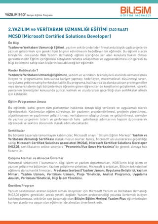 2.YAZILIM ve VERİTABANI UZMANLIĞI EĞİTİMİ (240 SAAT)
MCSD (Microsoft Certified Solutions Developer)
Ön Bilgi
Yazılım ve Veritabanı Uzmanlığı Eğitimi , yazılım sektöründe lider firmalarda büyük çaplı projelerde
yazılım geliştirmek için gerekli tüm bilginin edinilmesini hedefleyen bir eğitimdir. Bu eğitimi alacak
bireylerin   öncesinde Web Yazılım Uzmanlığı eğitimi içeriğinde yer alan konulara hakim olması
gerekmektedir. Eğitim içeriğindeki detayların rahatça anlaşılması ve uygulanabilmesi için gerekli bu
bilgi birikimine sahip olan kişilerin katılabileceği bir eğitimdir.
Kimler Katılmalıdır?
Yazılım ve Veritabanı Uzmanlığı Eğitimine, yazılım ve veritabanı teknolojileri alanında uzmanlaşmak
isteyen ve programlama konusunda kariyer yapmayı hedefleyen, matematiksel düşünmeyi seven,
sorgulamayetisinesahipherkeskatılabilir.Buprograma,halihazırdabualandaçalışanprofesyoneller
veya üniversitelerin ilgili bölümlerinde öğrenim gören öğrenciler de kendilerini geliştirmek, sürekli
yenilenen teknolojiler konusunda güncel kalmak ve uluslararası geçerliliği olan sertifikalar almak
için katılabilir.
Eğitim Programının Amacı
Bu eğitimde, bahsi geçen tüm platformlar hakkında detaylı bilgi verilecek ve uygulamalı olarak
öğretilecektir. Katılımcılar eğitim süresince, bir yazılımın projelendirilmesi, projenin yönetilmesi,
algoritmasının ve yazılımının geliştirilmesi, veritabanının oluşturulması ve geliştirilmesi, servisler
ile yazılım projesinin tutarlı ve performanslı hale   getirilmesi adımlarının hepsini özümseyerek
öğrenecek ve sektöre donanımlı olarak adım atacaklardır.
Sertifikalar
Bu bölümü başarıyla tamamlayan katılımcılar, Microsoft onaylı “Bilişim Eğitim Merkezi Yazılım ve
Veritabanı Uzmanlığı Sertifikası alarak mezun olurlar. Ayrıca, Microsoft’un uluslararası geçerliliğe
sahip Microsoft Certified Solutinos Associated (MCSA), Microsoft Certified Solutions Developer
(MCSD), sertifikalarını online sınavlara “Prometric/Vue Sınav Merkezimiz”de girerek almaya hak
kazanırlar.
Çalışma Alanları ve Alınacak Ünvanlar
Kurumsal şirketlerin / kurumların bilgi işlem ve yazılım departmanları, KOBİ’lerin bilgi işlem ve
yazılım geliştirme bölümleri, Yazılım geliştirme şirketleri, Microsoft iş ortakları, Bilişim teknolojileri
eğitim ve danışmanlık firmaları,  Freelance (serbest) Yazılım Uzmanı, Uygulama Geliştirici, Yazılım
Mimarı, Yazılım Uzmanı, Veritabanı Uzmanı, Proje Yöneticisi, Analist Programcı, Uygulama
Analisti, Veritabanı Yöneticisi, Bilgi İşlem Yöneticisi.
Önerilen Program
Yazılım sektörünün aranan kişileri olmak isteyenler için Microsoft Yazılım ve Veritabanı Uzmanlığı
(MCSD) eğitimi gereklidir, ancak yeterli değildir. Yazılım profesyonelliği yolunda ilerlemek isteyen
katılımcılarımıza, sektörün son basamağı olan Bilişim Eğitim Merkezi Yazılım Plus eğitimlerinden
kariyer planlarına uygun olan eğitimleri de almaları önerilmektedir.
 