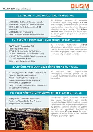 2.5. ADO.NET - LINQ TO SQL - XML - WPF (40 SAAT)
2.6. ASP.NET İLE WEB UYGULAMALARI GELİŞTİRME (33 SAAT)
2.7. DAĞITIK UYGULAMA GELİŞTİRME XML VE WCF (12 SAAT)
2.8. PROJE YÖNETİMİ VE WINDOWS AZURE PLATFORMU (4 SAAT)
•	 ADO.NET ile Bağlantılı Katman Nesneleri
•	 ADO.NET ile Bağlantısız Katman Nesneleri
•	 LINQ to SQL ile Code Generation  DB
Creation
•	 ADO.NET Entity Framework
•	 WPF ( Windows Presentation Foundation)
•	 WWW Nedir? İnternet ve Web
Teknolojilerinin Tarihi
•	 HTML, CSS, JavaScript ile Web Siteler
•	 ASP.NET ile Dinamik Web Sİtelerine Giriş
•	 ASP.NET ile Yönetilebilir Web Uygulamaları
•	 AJAX ile Asenkron Mimari
•	 XML ve Web Servislerine Giriş
•	 Dağınık Uygulama Nedir? Nasıl Geliştirilir?
•	 Web Servisleri Detaylı İnceleme
•	 Web Servis Oluşturma ve Çağırma
•	 .Net Remoting Teknolojisi ile Dağıtık
Uygulamalar Geliştirmek
•	 WCF ( Windows Communication Foundation)
ile Dağıtık Uygulamalar
•	 Diyagramlar Yardımıyla Modelleme
•	 Testler ve Visual Studio Test Araçları
•	 Proje Geliştirme ve Teslim
Bu bölümde veritabanı ile uygulama
arasında bir köprü niteliği taşıyan ADO.Net
mimarisinden, kullanımından ve alternatif
modellerinden bahsedilecektir. Katmanlı
mimarinin olmazsa olmazı “Veri Erişim
Katmanı” nedir sorusuna yanıt verilecektir.
Bu bölüm yazılım geliştiriciler için önem
taşımaktadır.
Bu bölümde katılımcılar ASP.Net
teknolojisiyle yönetilebilir, güncellenebilir
kısacası dinamik içerikli web siteleri ve web
uygulamaları geliştirme konularında detaylı
örneklerle bilgi sahibi olacaklardır.
Bu bölümde diğer uygulamalarla
haberleşecek servisler yazmak ve bu
servisleri kullanmak konusunda bilgi sahibi
olunacaktır.
Katılımcılara, eğitim süresince anlatılan
tüm yazılım teknolojileri aktif biçimde
kullandırılaraköğrendiklerininpekiştirilmesini
sağlayan kapsamlı bir yazılım projesi yaptırılır.
Bu projenin sonunda katılımcı bir yazılım
projesinin tüm aşamalarını deneyimlemiş
olur. Katılımcılar Windows Azure ile tanışır,
SqlServer ve Visual Studio Azure üzerinde
uygulama geliştirmeyi öğrenir.
 