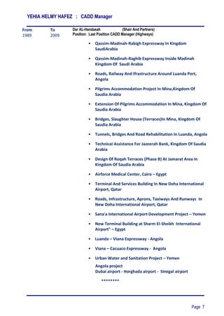 YEHIA HELMY HAFEZ : CADD Manager
Page 7
From
1989
To
2009
Dar AL-Handasah (Shair And Partners)
Position: Last Position CADD Manager (Highways)
• Qassim-Madinah-Rabigh Expressway In Kingdom
SaudiArabia
• Qassim-Madinah-Raghib Expressway Inside Madinah
Kingdom Of Saudi Arabia
• Roads, Railway And Ifrastructure Around Luanda Port,
Angola
• Pilgrims Accommodation Project In Mina,Kingdom Of
Saudia Arabia
• Extension Of Pilgrims Accommodation In Mina, Kingdom Of
Saudia Arabia
• Bridges, Slaughter House (Terraces)In Mina, Kingdom Of
Saudia Arabia
• Tunnels, Bridges And Road Rehabilitation In Luanda, Angola
• Technical Assistance For Jazeerah Bank, Kingdom Of Saudia
Arabia
• Design Of Roqah Terraces (Phase B) At Jamarat Area In
Kingdom Of Saudia Arabia
• Airforce Medical Center, Cairo – Egypt
• Terminal And Services Building In New Doha International
Airport, Qatar
• Roads, Infrastructure, Aprons, Taxiways And Runways In
New Doha International Airport, Qatar
• Sana'a International Airport Development Project – Yemen
• New Terminal Building at Sharm El-Sheikh International
Airport" – Egypt
• Luanda – Viana Expressway - Angola
• Viana – Cacuaco Expressway - Angola
• Urban Water and Sanitation Project – Yemen
Angola project
Dubai airport - Horghada airport - Sinegal airport
********
 