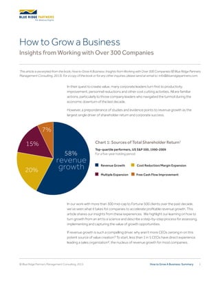 How to Grow A Business: Summary 1© Blue Ridge Partners Management Consulting, 2013
In their quest to create value, many corporate leaders turn first to productivity
improvement, personnel reductions and other cost cutting activities. All are familiar
actions, particularly to those company leaders who navigated the turmoil during the
economic downturn of the last decade.
However, a preponderance of studies and evidence points to revenue growth as the
largest single driver of shareholder return and corporate success.
In our work with more than 300 mid-cap to Fortune 500 clients over the past decade,
we’ve seen what it takes for companies to accelerate profitable revenue growth. This
article shares our insights from these experiences. We highlight our learning on how to
turn growth from an art to a science and describe a step-by-step process for assessing,
implementing and capturing the value of growth opportunities.
If revenue growth is such a compelling driver, why aren’t more CEOs zeroing in on this
potent source of value creation? To start, less than 1 in 5 CEOs have direct experience
leading a sales organization², the nucleus of revenue growth for most companies.
How to Grow a Business
Insights from Working with Over 300 Companies
Chart 1: Sources of Total Shareholder Return1
Revenue Growth Cost Reduction/Margin Expansion
Multiple Expansion Free Cash Flow Improvement
58%
20%
15%
7%
revenue
growth
Top-quartile performers, US S&P 500, 1990-2009
For a five-year holding period
This article is excerpted from the book, How to Grow A Business: Insights from Working with Over 300 Companies (© Blue Ridge Partners
Management Consulting, 2013). For a copy of the book or for any other inquiries, please send an email to: info@blueridgepartners.com.
 