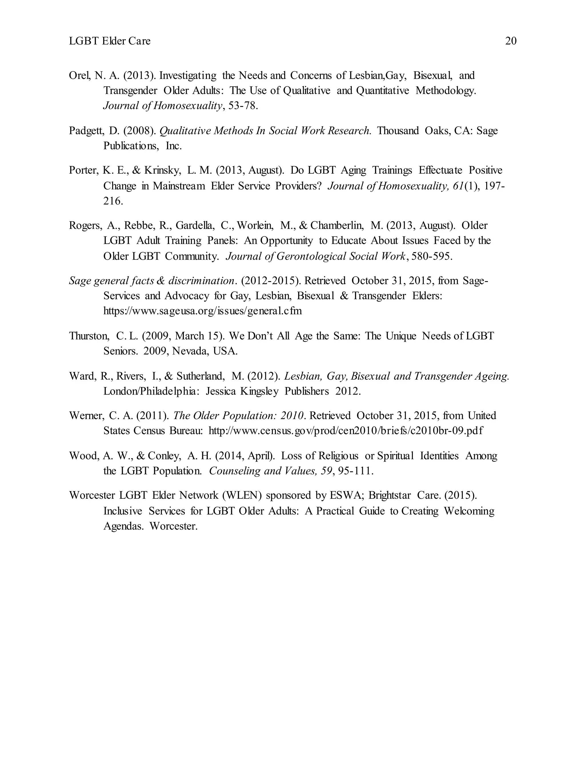 LGBT Elder Care 20
Orel, N. A. (2013). Investigating the Needs and Concerns of Lesbian,Gay, Bisexual, and
Transgender Older Adults: The Use of Qualitative and Quantitative Methodology.
Journal of Homosexuality, 53-78.
Padgett, D. (2008). Qualitative Methods In Social Work Research. Thousand Oaks, CA: Sage
Publications, Inc.
Porter, K. E., & Krinsky, L. M. (2013, August). Do LGBT Aging Trainings Effectuate Positive
Change in Mainstream Elder Service Providers? Journal of Homosexuality, 61(1), 197-
216.
Rogers, A., Rebbe, R., Gardella, C., Worlein, M., & Chamberlin, M. (2013, August). Older
LGBT Adult Training Panels: An Opportunity to Educate About Issues Faced by the
Older LGBT Community. Journal of Gerontological Social Work, 580-595.
Sage general facts & discrimination. (2012-2015). Retrieved October 31, 2015, from Sage-
Services and Advocacy for Gay, Lesbian, Bisexual & Transgender Elders:
https://www.sageusa.org/issues/general.cfm
Thurston, C. L. (2009, March 15). We Don’t All Age the Same: The Unique Needs of LGBT
Seniors. 2009, Nevada, USA.
Ward, R., Rivers, I., & Sutherland, M. (2012). Lesbian, Gay, Bisexual and Transgender Ageing.
London/Philadelphia: Jessica Kingsley Publishers 2012.
Werner, C. A. (2011). The Older Population: 2010. Retrieved October 31, 2015, from United
States Census Bureau: http://www.census.gov/prod/cen2010/briefs/c2010br-09.pdf
Wood, A. W., & Conley, A. H. (2014, April). Loss of Religious or Spiritual Identities Among
the LGBT Population. Counseling and Values, 59, 95-111.
Worcester LGBT Elder Network (WLEN) sponsored by ESWA; Brightstar Care. (2015).
Inclusive Services for LGBT Older Adults: A Practical Guide to Creating Welcoming
Agendas. Worcester.
 