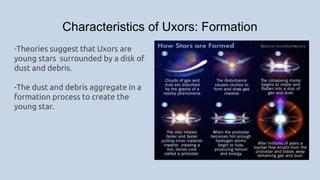 Characteristics of Uxors: Formation
-Theories suggest that Uxors are
young stars surrounded by a disk of
dust and debris.
-The dust and debris aggregate in a
formation process to create the
young star.
 