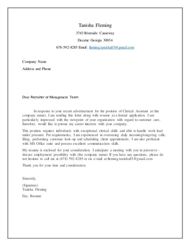 clerical assistant cover letter