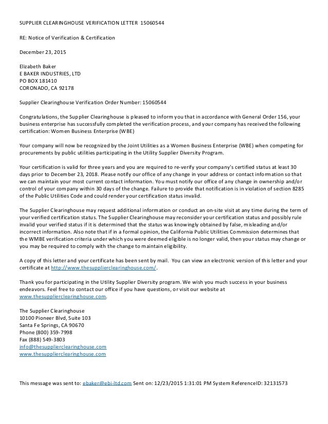 certification letter to supplier ebi supplier clearinghouse verification letter 15060544 certification letter to supplier ebi supplier clearinghouse verification letter 15060544