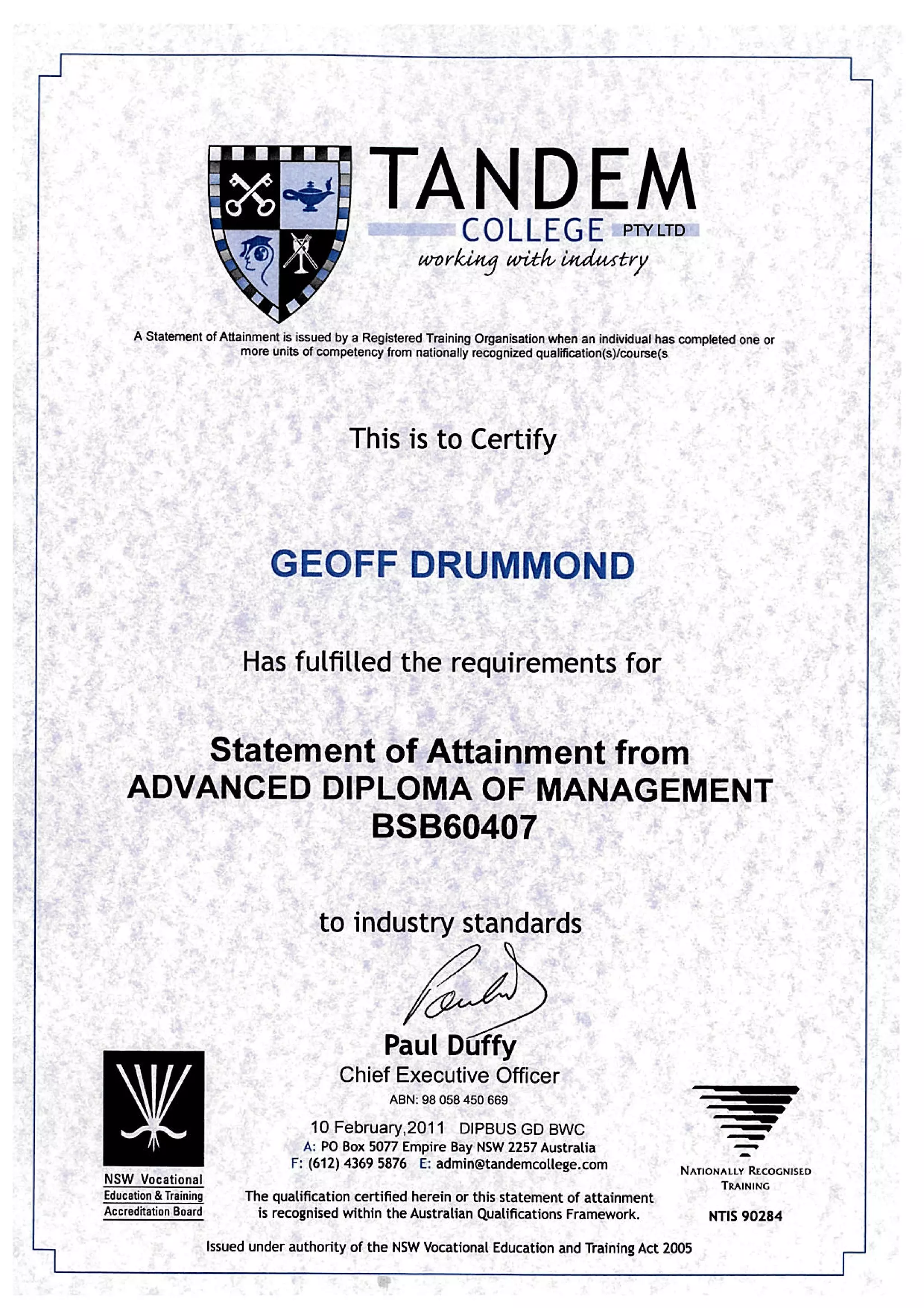 Advanced Diploma of Management - Statement of Attainment | PDF