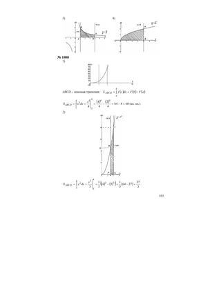 103
3) 4)
№ 1000
1)
ABCD – искомая трапеция; ( ) ( ) ( )∫ −==
b
a
ABCD aFbFdxxfS
( ) ( ) 60464
4
2
4
4
4
44
2
44
2
4
3
=−=−=== ∫
x
dxxSABCD (кв. ед.)
2)
( ) ( )( ) ( )
3
37
2764
3
1
34
3
1
3
33
4
3
4
3
3
2
=−=−=== ∫
x
dxxS ABCD .
 