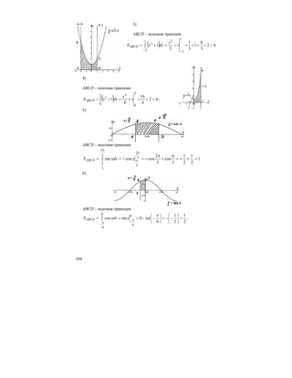 104
3)
ABCD – искомая трапеция
( ) 62
3
8
1
3
1
3
1
1
2
1
2
3
2
=+++=+=+= ∫
− −
x
x
dxxSABCD
4)
ABCD – искомая трапеция
( ) 62
4
16
4
1
2
0
2
0
4
3
=+=+=+= ∫ x
x
dxxSABCD ;
5)
ABCD – искомая трапеция
1
2
1
2
1
3
cos
3
2
coscossin
3
2
3
3
2
3
=++=
π
+
π
−=−== ∫
π
π
π
πxxdxSABCD
6)
ABCD – искомая трапеция
2
1
2
1
6
sin0sincos
0
6
0
6
=⎟
⎠
⎞
⎜
⎝
⎛
−−=⎟
⎠
⎞
⎜
⎝
⎛ π
−−=== ∫
π
−
π
−
xxdxSABCD .
 