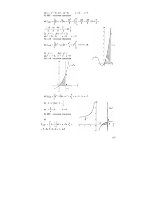 107
а) 5x – x2
= 0, x(5 – x) = 0, x = 0, x = 5
б) ABC – искомая трапеция
в) ( ) =+−−=−=−= ∫
3
8
10
3
125
2
125
32
5
5
5
2
5
2
32
2 xx
dxxxSABC
2
1
13
2
27
6
60
6
16
6
125
==−+=
2) b = 3 , f(x) = x2
+ 2x
а) x2
+ 2x = 0, x = 0, x = –2
б) OAB – искомая трапеция
в) ( ) 1899
3
2
3
0
3
0
2
3
2
=+=+=+= ∫ x
x
dxxxSOAB .
3) b = 1, f(x) = ex
– 1
а) ex
– 1 = 0, ex
= e0
, x = 0
б) OAB – искомая трапеция
в) ( ) 2111
1
0
1
0
−=−−=−=−= ∫ eexedxeS xx
OAB
4) b = 2 f(x) = 1 –
x
1
а) 1 –
x
1
= 0 x = 0
б) ABC – искомая трапеция
в)
2ln1012ln2
ln
1
1
2
1
2
1
−=+−−=
=−=⎟
⎠
⎞
⎜
⎝
⎛
−= ∫ xxdx
x
SABC
 
