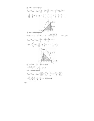 112
2) АВС – искомая фигура
( ) ( ) −++=−++=+= −
−
∫∫ xx
x
dxxdxxSSS DBCABDABC 42
2
42
1
2
22
1
2
1
2
( )
6
1
6
6
37
3
11
3
16
2
2
5
3
1
4
3
8
8422
2
1
3
2
1
3
==−++=⎟
⎠
⎞
⎜
⎝
⎛
−−−+−−+=−
x
.
3) ОАВ – искомая фигура
4х – х2
= 4 – х, х2
– 5х + 4 = 0, х =
2
16255 −±
х1 = 4, х2 = 1
( ) ( ) =−+−=+= ∫∫
4
1
1
0
2
44 dxxdxxxSSS CABOACOAB
6
1
6
2
1
4816
3
1
2
2
4
3
2
4
1
2
1
0
3
2
=+−−+−=−+−=
x
x
x
x ;
4) 3х2
= 1,5х + 4,5, 2х2
– х – 3 = 0
4
2411 +±
=x ,
2
3
1 =x , х2 = –1
АВО – искомая фигура
++=+⎟
⎠
⎞
⎜
⎝
⎛
+=+=
−
−−
−
−
∫∫
1
3
20
1
2
1
3 2
9
4
3
3
2
9
2
3
x
x
dxxdxxSSS CBOABCABO
41961
4
27
4
27
2
9
4
30
1
3
=++−=++−−=+
−
x
 