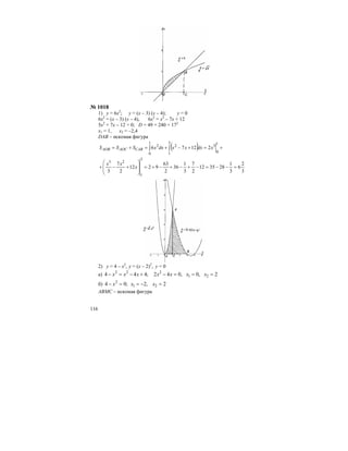 116
№ 1018
1) у = 6х2
; у = (х – 3) (х – 4); у = 0
6х2
= (х – 3) (х – 4), 6х2
= х2
– 7х + 12
5х2
+ 7х – 12 = 0; D = 49 + 240 = 172
х1 = 1, х2 = –2,4
DАВ – искомая фигура
( ) +=+−+=+= ∫∫
1
0
3
3
1
2
1
0
2
21276 xdxxxdxxSSS CABAOCAOB
3
2
6
3
1
283512
2
7
3
1
36
2
63
9212
2
7
3
3
1
23
=−−=−+−+−+=
⎟
⎟
⎠
⎞
⎜
⎜
⎝
⎛
+−+ x
xx
2) у = 4 – х2
, у = (х – 2)2
, у = 0
а) 2,0,042;444 21
222
===−+−=− xxxxxxx
б) 2,2;04 21
2
=−==− xxx
АВMC – искомая фигура
 