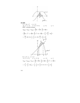 118
№ 1020
1) у = 6х – х2
; у = х + 4
6х – х2
= х + 4, х5
– 5х + 4 = 0, х1 = 4, х2 = 1
ВMD – искомая площадь
( ) ( ) =+−−=−= ∫∫
4
1
4
1
2
46 dxxdxxxSSS CBDFCMFBMD
( ) ( ) =−+−=−+−=−−−= ∫∫
4
1
234
1
2
4
1
2
4
2
5
3
4546 x
xx
dxxxdxxxx
2
1
4
2
1
2
3
63
284
2
5
3
1
1640
3
64
=−−=+−+−+−=
2) у = 4 – х; у = х + 2
4 – х2
= х + 2, х2
+ х – 2 = 0, х1 = –2, х2 = 1
( ) ( ) ( )∫∫∫
−−−
=+−−=+−−=−=
1
2
2
1
2
1
2
2
224 dxxxdxxdxxSSS ACDABCDABC
2
1
4
2
1
3842
3
8
2
2
1
3
1
2
23
1
2
23
=−−=++−+−−=+−−= −
x
xx
 
