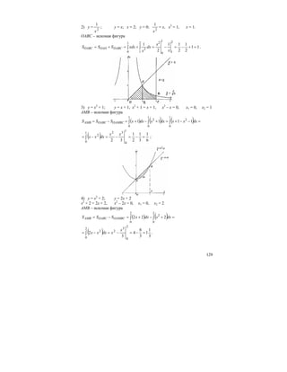 129
2) у =
2
1
x
; у = х; х = 2; у = 0;
2
1
x
= х, х3
= 1, х = 1.
ОАВС – искомая фигура
11
2
1
2
11
2
1
2
1
1
0
22
1
2
1
0
=+−=−=+=+= ∫∫
x
x
dx
x
xdxSSS DABCOADOABC .
3) у = х2
+ 1; у = х + 1, х2
+ 1 = х + 1, х2
– х = 0, х1 = 0, х2 = 1
АМВ – искомая фигура
( ) ( ) ( )∫∫∫ =−−+=+−+=−=
1
0
2
1
0
2
1
0
1111 dxxxdxxdxxSSS OAMBCOABCAMB
( ) 6
1
3
1
2
1
32
1
0
321
0
2
=−=−=−= ∫
xx
dxxx ;
4) у = х2
+ 2; у = 2х + 2
х2
+ 2 = 2х + 2, х2
– 2х = 0, х1 = 0, х2 = 2
АМВ – искомая фигура
( ) ( ) =+−+=−= ∫∫
2
0
2
2
0
222 dxxdxxSSS OAMBCOABCAMB
( ) 3
1
1
3
8
4
3
2
2
0
3
2
2
0
2
=−=−=−= ∫
x
xdxxx .
 