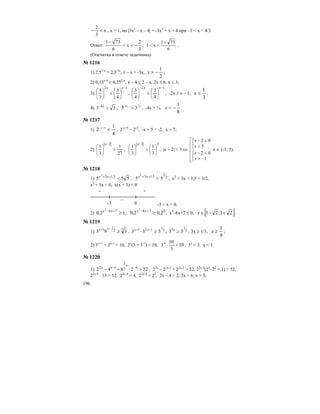 196
x
3
2
<− , x > 1, но |3x2
– x – 4| = -3x2
+ x + 4 при –1 < x < 4/3
Ответ:
3
2
x
6
731
−<<
−
,
6
731
x1
+
<< .
(Опечатка в ответе задачника)
№ 1216
1) 2,51-x
> 2,5-3x
, 1 – x > -3x,
2
1
−>x ;
2) 0,13x-4
≥ 0,152-x
, x – 4 ≤ 2 – x, 2x ≤ 6, x ≤ 3;
3)
12
4
3
3
4
−
⎟
⎠
⎞
⎜
⎝
⎛
≤⎟
⎠
⎞
⎜
⎝
⎛
xx
,
12
4
3
4
3
−−
⎟
⎠
⎞
⎜
⎝
⎛
≤⎟
⎠
⎞
⎜
⎝
⎛
xx
, -2x ≥ x – 1,
3
1
≤x ;
4) 33 4
>− x
, 2
1
4
33 >− x
, -4x > ½,
8
1
−<x .
№ 1217
1)
4
1
2 5
<+−x
, 2-х+5
< 2-2
, -x + 5 < -2, x > 7;
2)
27
1
3
1
2
>⎟
⎠
⎞
⎜
⎝
⎛
−x
,
32
3
1
3
1
⎟
⎠
⎞
⎜
⎝
⎛
>⎟
⎠
⎞
⎜
⎝
⎛
−x
, |x – 2| < 3
⎢
⎢
⎢
⎢
⎣
⎡
⎩
⎨
⎧
−>
<−
⎩
⎨
⎧
<
≥−
⇔
1
02
5
02
x
x
x
x
x ∈ (-1; 5).
№ 1218
1) 555 5,132
<++ xx
, 2
3
5,13
55
2
<++ xx
, x2
+ 3x + 1,5 < 3/2,
x2
+ 3x < 0, x(x + 3) < 0
+ +
–
-3 0 -3 < x < 0.
2) 12,0 762
≥+− xx
, 076
2,02,0
2
≥+− xx
, x2
–6x+7 ≤ 0, [ ]23;23 +−∈x .
№ 1219
1) 32
1
1
393 ≥
−+ xx
, 3
1
121
333 ≥⋅ −+ xx
, 3
1
3
33 ≥x
, 3х ≥ 1/3,
9
1
≥x ;
2) 3x+1
+ 3x-1
< 10, 3x
(3 + 3-1
) < 10, 10
3
10
3 <⋅x
, 3x
< 3, x < 1.
№ 1220
1) 522842 43
2
12
>⋅+− −−
x
xx
, 22x
– 22x-2
+ 22x-4
> 52, 22x-4
(24
–22
+ 1) > 52,
22x-4
⋅ 13 > 52, 22x-4
> 4, 22x-4
> 22
, 2x – 4 > 2, 2x > 6, x > 3;
 