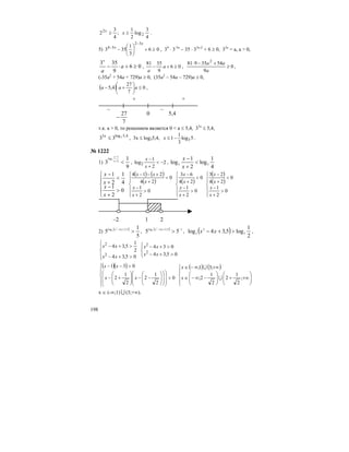 198
4
3
log
2
1
;
4
3
2 2
2
≥≥ xx
.
5) 06
3
1
353
32
34
≥+⎟
⎠
⎞
⎜
⎝
⎛
−
−
−
x
x
, 34
⋅ 3-3x
– 35 ⋅ 33x-2
+ 6 ≥ 0, 33x
= a, a > 0,
06
9
3534
≥+⋅− a
a
, 06
9
3581
≥+− a
a
, 0
9
5435981 2
≥
+−⋅
a
aa
,
(-35a2
+ 54a + 729)a ≥ 0, (35a2
– 54a – 729)a ≤ 0,
( ) 0
7
27
4,5 ≤⎟
⎠
⎞
⎜
⎝
⎛
+− aaa ,
– –
+ +
7
27
−
0 5,4
т.к. a > 0, то решением является 0 < a ≤ 5,4, 33x
≤ 5,4,
4,5log3 3
33 ≤x
, 3x ≤ log35,4, 5log
3
1
1 3−≤x .
№ 1222
1)
9
1
3 2
1
log2
<+
−
x
x
, 2
2
1
log2 −<
+
−
x
x
,
4
1
log
2
1
log 22 <
+
−
x
x
⎪
⎩
⎪
⎨
⎧
>
+
−
<
+
−
0
2
1
4
1
2
1
x
x
x
x ( ) ( )
( )
⎪
⎪
⎩
⎪⎪
⎨
⎧
>
+
−
<
+
+−−
0
2
1
0
24
214
x
x
x
xx
( )
⎪
⎪
⎩
⎪⎪
⎨
⎧
>
+
−
<
+
−
0
2
1
0
24
63
x
x
x
x ( )
( )
⎪
⎪
⎩
⎪⎪
⎨
⎧
>
+
−
<
+
−
0
2
1
0
24
23
x
x
x
x
–2 21
2)
( )
5
1
5 5,34log 2
2
>+− xx
,
( ) 15,34log
55
2
2 −+−
>xx
, ( )
2
1
log5,34log 2
2
2
>+− xx ,
⎪
⎩
⎪
⎨
⎧
>+−
>+−
05,34
2
1
5,34
2
2
xx
xx
⎪⎩
⎪
⎨
⎧
>+−
>+−
05,34
034
2
2
xx
xx
( )( )
⎪
⎩
⎪
⎨
⎧
>
⎟
⎟
⎠
⎞
⎜
⎜
⎝
⎛
⎟
⎟
⎠
⎞
⎜
⎜
⎝
⎛
⎟
⎟
⎠
⎞
⎜
⎜
⎝
⎛
−−⎟
⎟
⎠
⎞
⎜
⎜
⎝
⎛
+−
>−−
0
2
1
2
2
1
2
031
xx
xx ( ) ( )
⎪
⎩
⎪
⎨
⎧
⎟⎟
⎠
⎞
⎜⎜
⎝
⎛
+∞+⎟⎟
⎠
⎞
⎜⎜
⎝
⎛
−∞−∈
+∞∞−∈
;
2
1
2
2
1
2;
;31;
U
U
x
x
x ∈ (-∞;1) U (3;+∞).
 