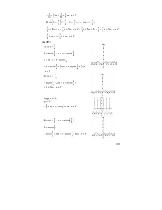 203
Znnn ∈π+
π
≤π+
π
− ,
3
2
183
2
18
;
2)
2
1
3
2cos −<⎟
⎠
⎞
⎜
⎝
⎛ π
−x , yx =
π
−
3
2 ,
2
1
cos −<y ;
Znnyn ∈π+π<<π+π ,2
3
4
2
3
2
, Znnxn ∈π+π<
π
−<π+π ,2
3
4
3
22
3
2
Znnxn ∈π+π<<π+
π
,
6
5
2
№ 1231
1)
4
1
sin <x
4
1
arcsin=b ,
4
1
arcsin−π−=a
4
1
arcsin2 −π=+π= ac
Zn
nxn
∈
π+<<π+−π− ,2
4
1
arcsin2
4
1
arcsin
2)
4
1
sin −>x
Znn
xn
∈π+π+
+<<π+−
,2
4
1
arcsin2
4
1
arcsin
3) tgx – 3 ≤ 0
tgx ≤ 3
Znnarctgxn ∈π+≤<π+
π
− ,3
2
4)
3
1
cos >x ; ⎟
⎠
⎞
⎜
⎝
⎛
−=
3
1
arccosa
3
1
arccos=b
Znnxn ∈π+<<π+− ,2
3
1
arccos2
3
1
arccos
 