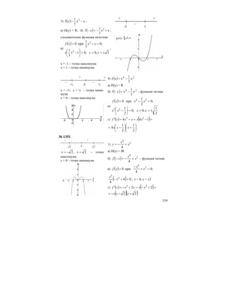 239
3) ( ) xx
3
1
xf 3
−= ;
а) D(y) = R; б) ( ) xx
3
1
xf 3
+−=− ,
следовательно функция нечетная
в)
( )
3,0,01
3
1
;0
3
1
при0
2
3
±===⎟
⎠
⎞
⎜
⎝
⎛
−
=−=
xxxx
xxxf
;
x = -1 – точка максимума
х = 1 – точка минимума
+ +
–
-1 1
–
+
–
+
-½ 0 ½
х = -½, x = ½ – точки мини-
мума
х = 0 – точка максимума
4) ( ) 24
x
2
1
xxf −=
а) D(y) = R
б) ( ) 24
x
2
1
xxf −=− - функция четная
в)
( )
2
1
,0,0
2
1
,0
2
1
при0
22
24
±===⎟
⎠
⎞
⎜
⎝
⎛
−
=−=
xxxx
xxxf
г) ( ) ( )=−=−= 144' 23
xxxxxf
⎟
⎠
⎞
⎜
⎝
⎛
+⎟
⎠
⎞
⎜
⎝
⎛
−=
2
1
2
1
4 xxx
№ 1351
+ +
– –
2− 0 2
2,2 =−= xx – точки
максимума
х = 0 – точка минимума
1) 2
4
4
x
x
y +−=
а) D(y) = IR
б) ( ) 2
4
4
x
x
xf +−=− – функция четная
в) ( ) ;0
4
при0 2
4
=+
−
= x
x
xf
( ) 04
4
2
2
=+− x
x
; x = 0, x = ±2
г) ( ) ( )=+−=+−= 22' 23
xxxxxf
( )( )22 +−−= xxx
 